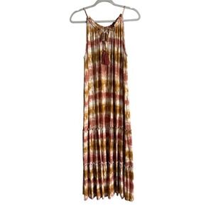 Cato Boho Tie Dye Tiered Maxi Dress Women's XL Halter Tassel Rust Mustard Summer
